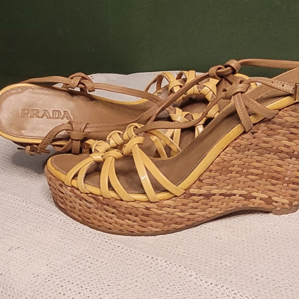 Prada wedge heels, 39 1/2, yellow/tan